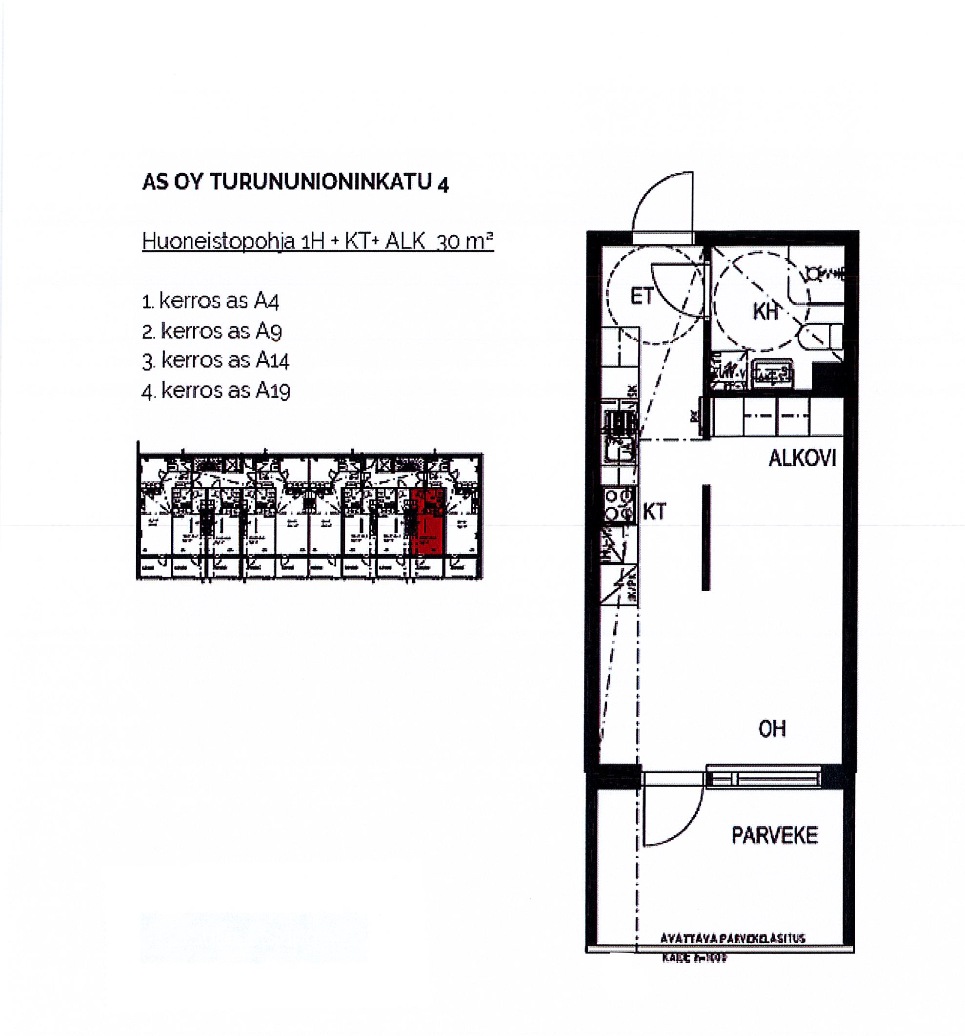"Unioninkatu pohjakuva 30 m2, A4, A9, A14, A19."