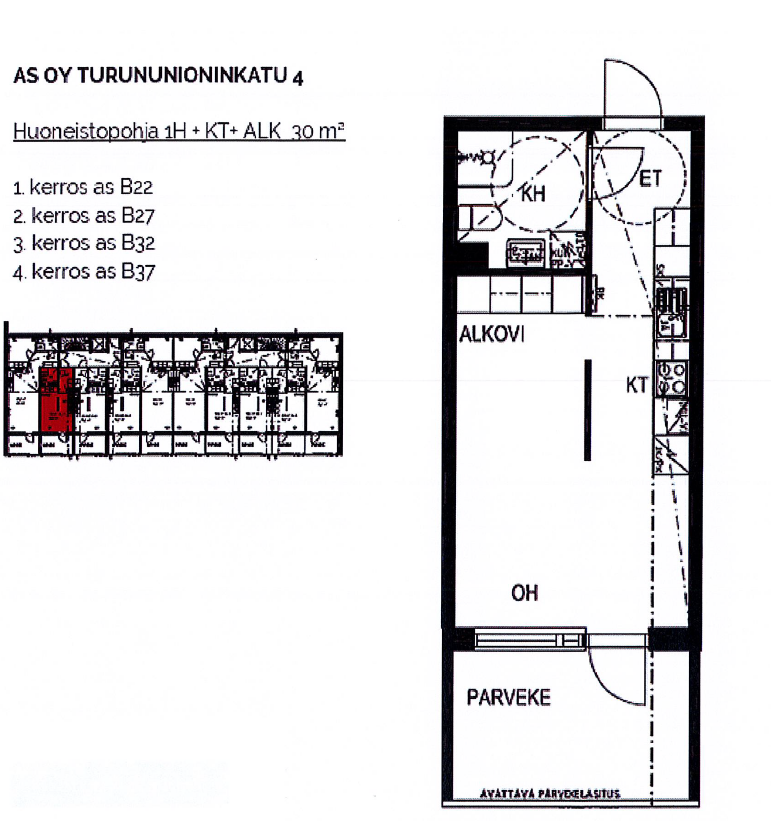 "Pohjakuva 30 m2 B22, B27, B32, B37."