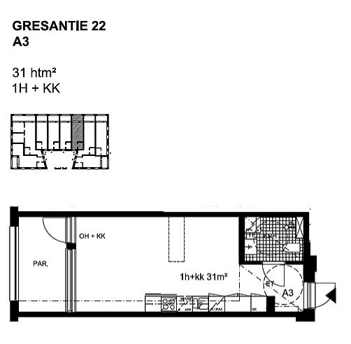 "A3 31 m2 1H+KK asunto pohja Gresantie."