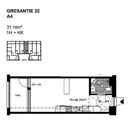 "A004, 31 m2 asunto pohja Gresantie."