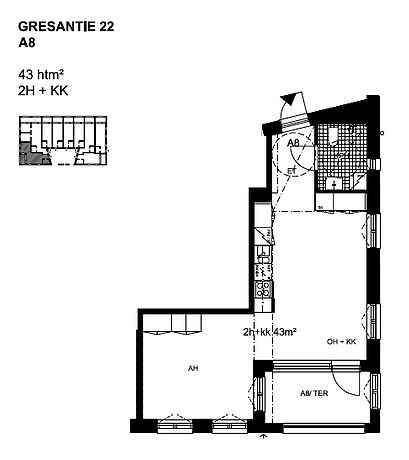 "A008 43 m2 2H+KK asunto pohja Gresantie."