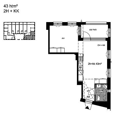 "A009 43m2 2H+KK asunto pohja Gresantie."