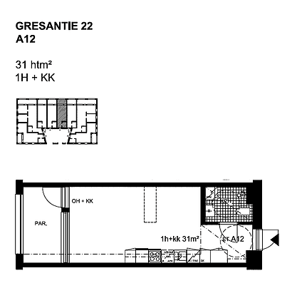 "A012 1H+KK asunto pohja Gresantie."