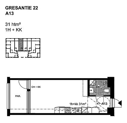 "A13 31m2 1H+KK asunto pohja Gresantie."
