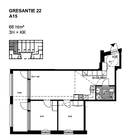 "A015 66 m2 3H+KK asunto pohja Gresantie."