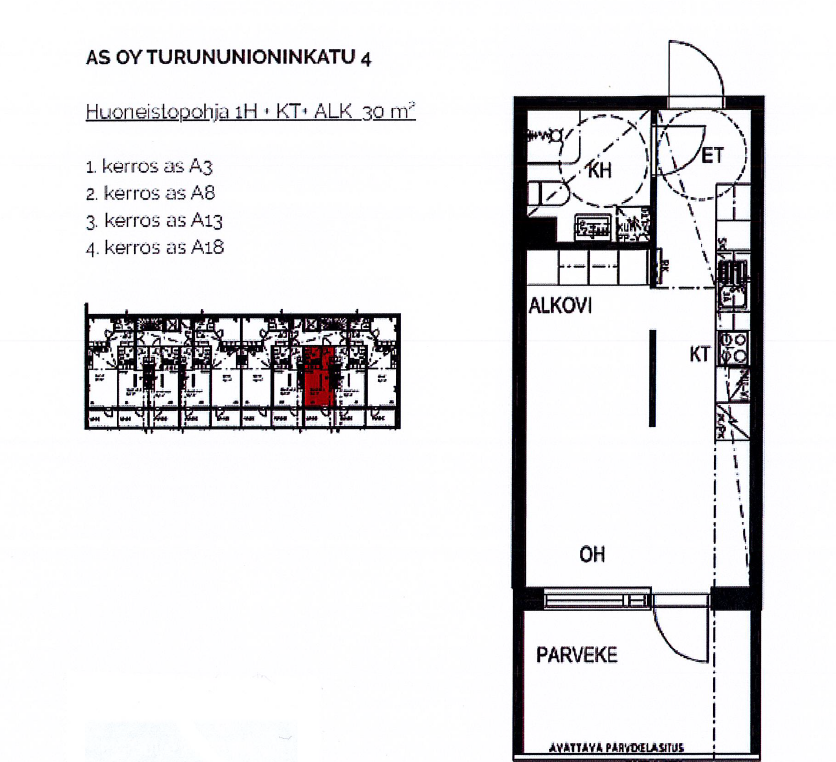 "Unioninkatu pohjakuva A3, A8, A13 A18 pohja 30 m2."