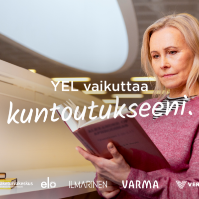 Teksti YEL vaikuttaa kuntoutukseeni ja taustalla henkilö lukee kirjaa.