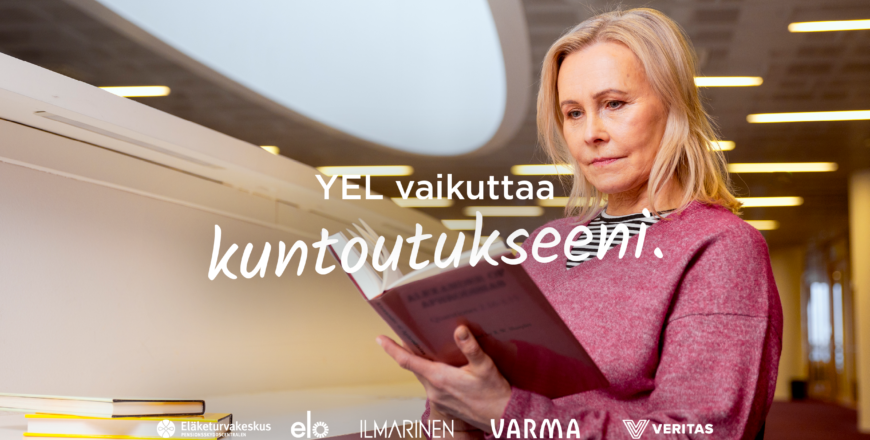 Teksti YEL vaikuttaa kuntoutukseeni ja taustalla henkilö lukee kirjaa.