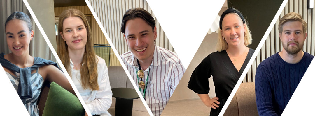 Vuoden 2022 kesätyöntekijät Veritaksella: Elisa Rantalainen, Ida Mäkelä, Marcus Lyne, Matilda Sokka ja Selim Lauren.