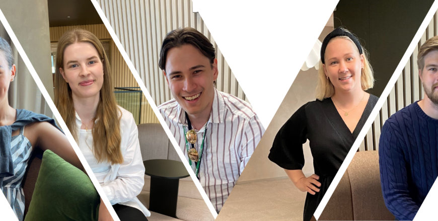Vuoden 2022 kesätyöntekijät Veritaksella: Elisa Rantalainen, Ida Mäkelä, Marcus Lyne, Matilda Sokka ja Selim Lauren.