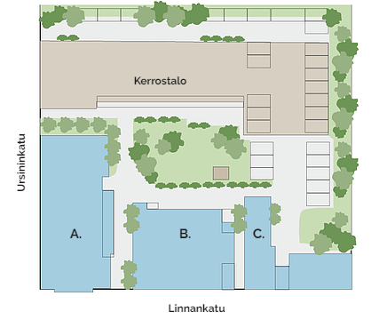 Ritning över gårdsplanen i Slottsgatans flervåningshus och trähus. Husets innergård har grönområden och gårdsområdet har tillgång till både Ursingatan och Slottsgatan.