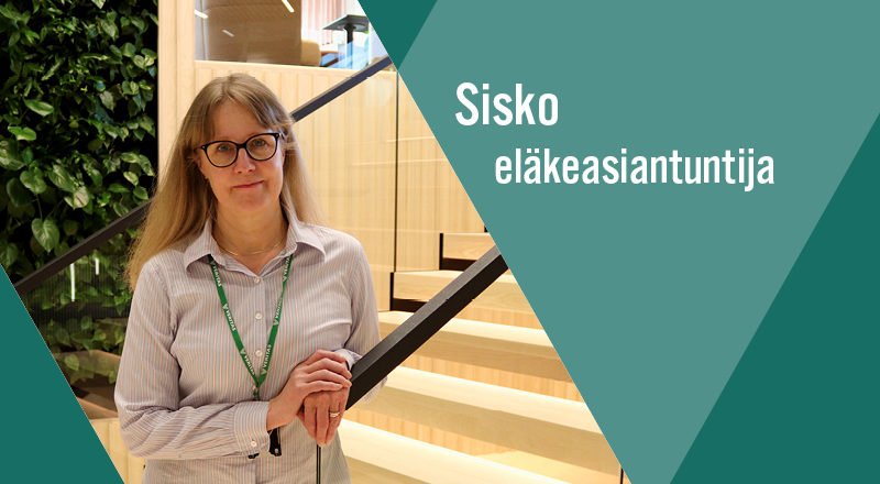 Eläkeasiantuntija Sisko seisoo portaikossa.