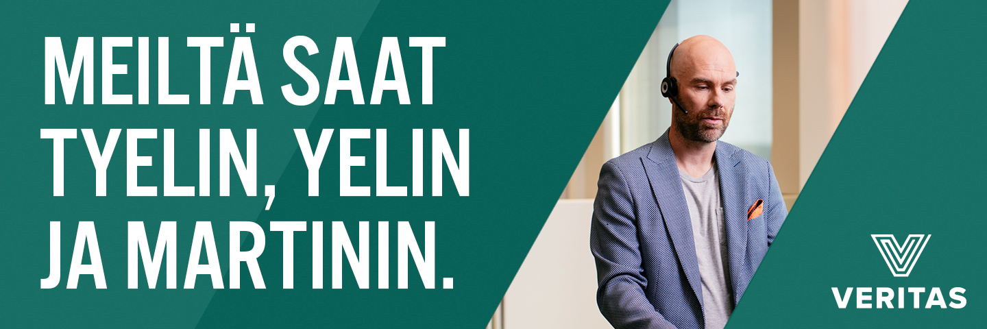 Veritaksen banneri, jossa lukee "Meiltä saat TyELin, YELin ja Martinin."