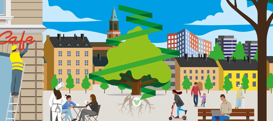 Veritaksen strategiakuva, jossa näkyy piirrettynä Turun tuomiokirkko, Trivium Retoriikka, taloja ja ihmisiä aukiolla.