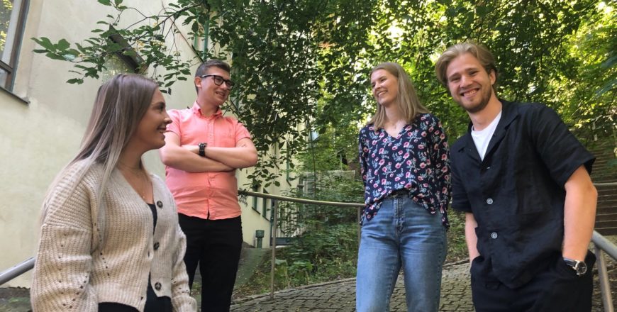 Veritas kesätyöntekijät 2020, vasemmalta oikealle: Annika Rantanen, Filip Lundsten, Ida Mäkelä ja Albert Mattsson.